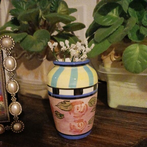 WCL Flower Bud Vase Colorful ROSE Pattern Whimsical  Flowers Striped CIRCUS Vntg - Picture 14 of 14